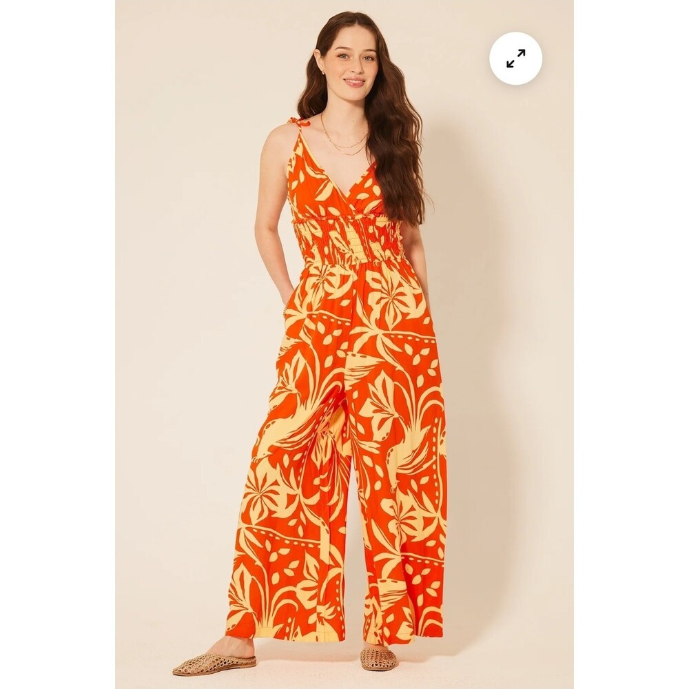 Patrons Of Peace Arcadia Jumpsuit Women's M Tropical Floral Smocked Top Wide Leg